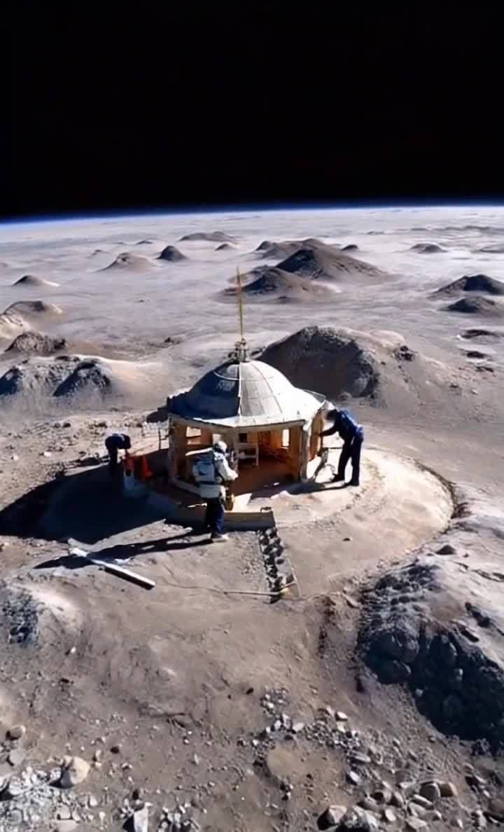 在类似月球表面的地貌上，几个人正在建造一个小型建筑