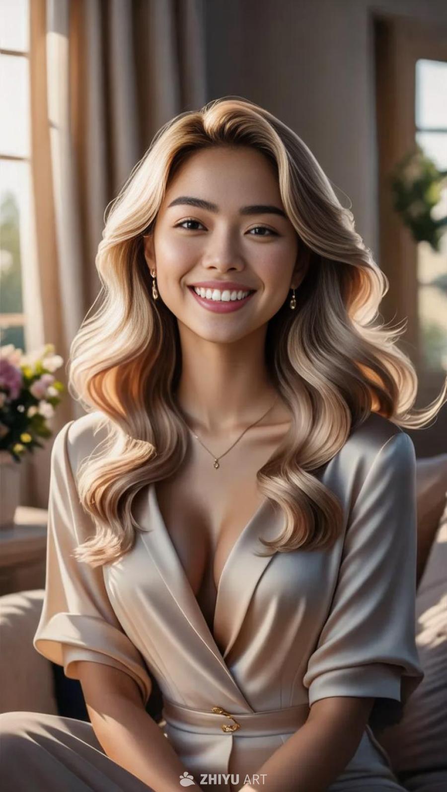 一位面带微笑的年轻女子坐在室内的沙发上。她有着金色