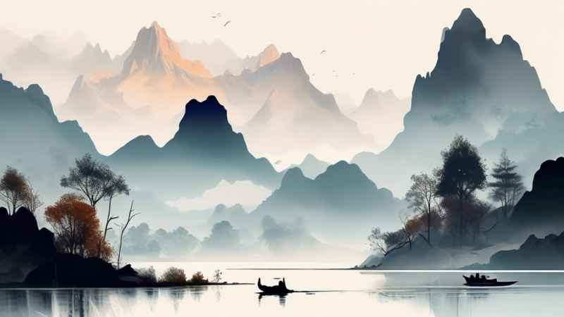 国风水彩画山水风景插画 88