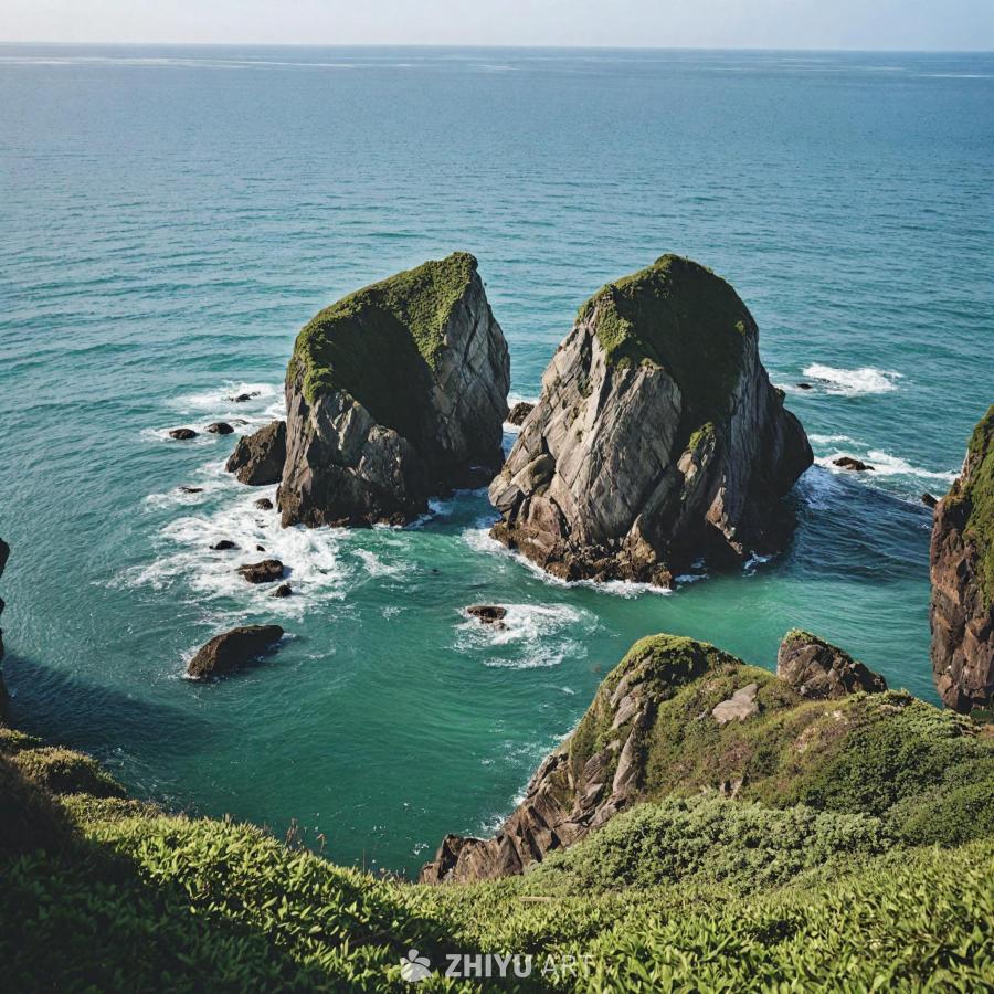 两块巨大的岩石突入海中，周围环绕着郁郁葱葱的绿色山