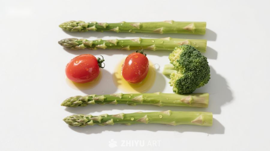 新鲜蔬菜组合：芦笋、樱桃番茄和西兰花