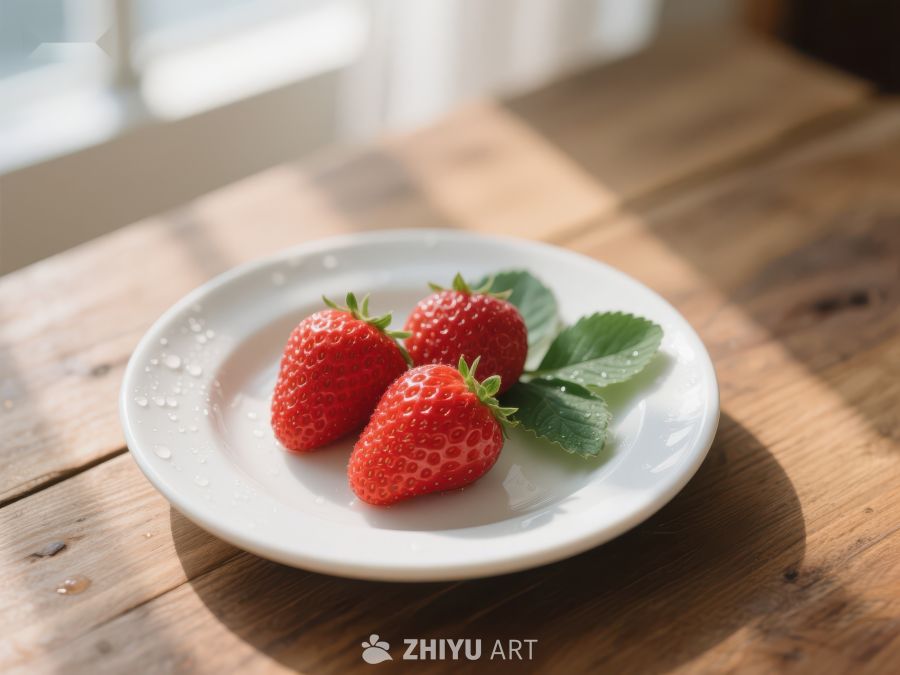 盘中三颗草莓，阳光洒落木质桌面 299
