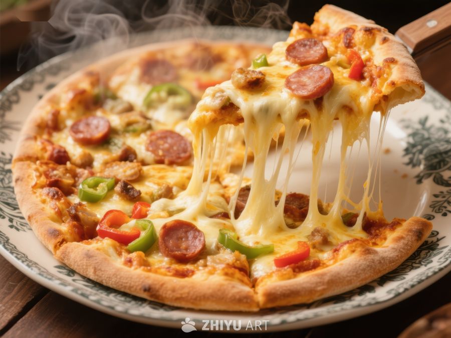 热腾腾的香肠披萨，拉丝诱人