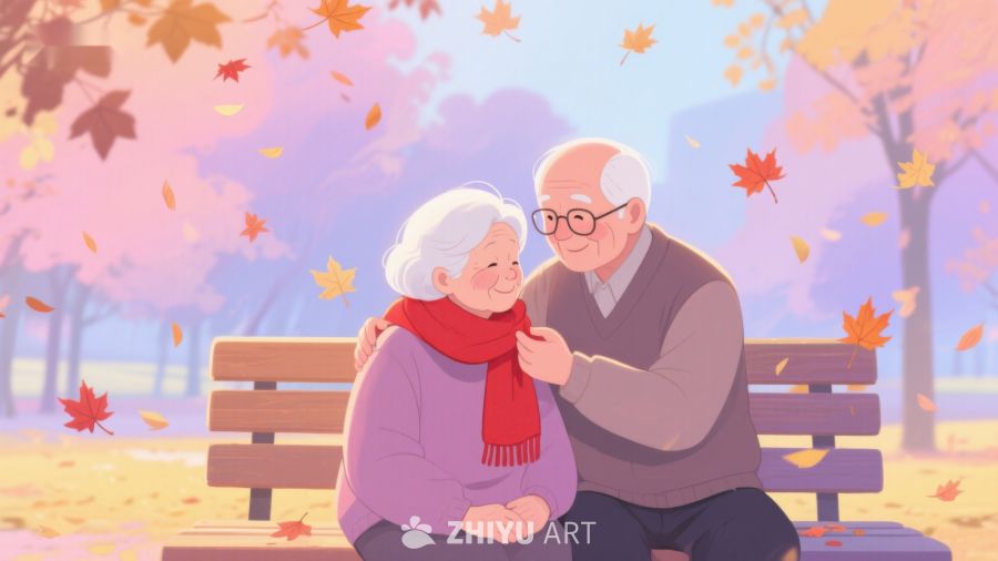 秋日公园中的温馨老年夫妇 292
