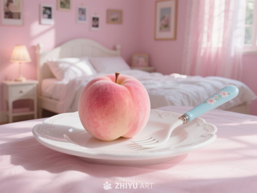 粉色卧室中的桃子与叉子 170