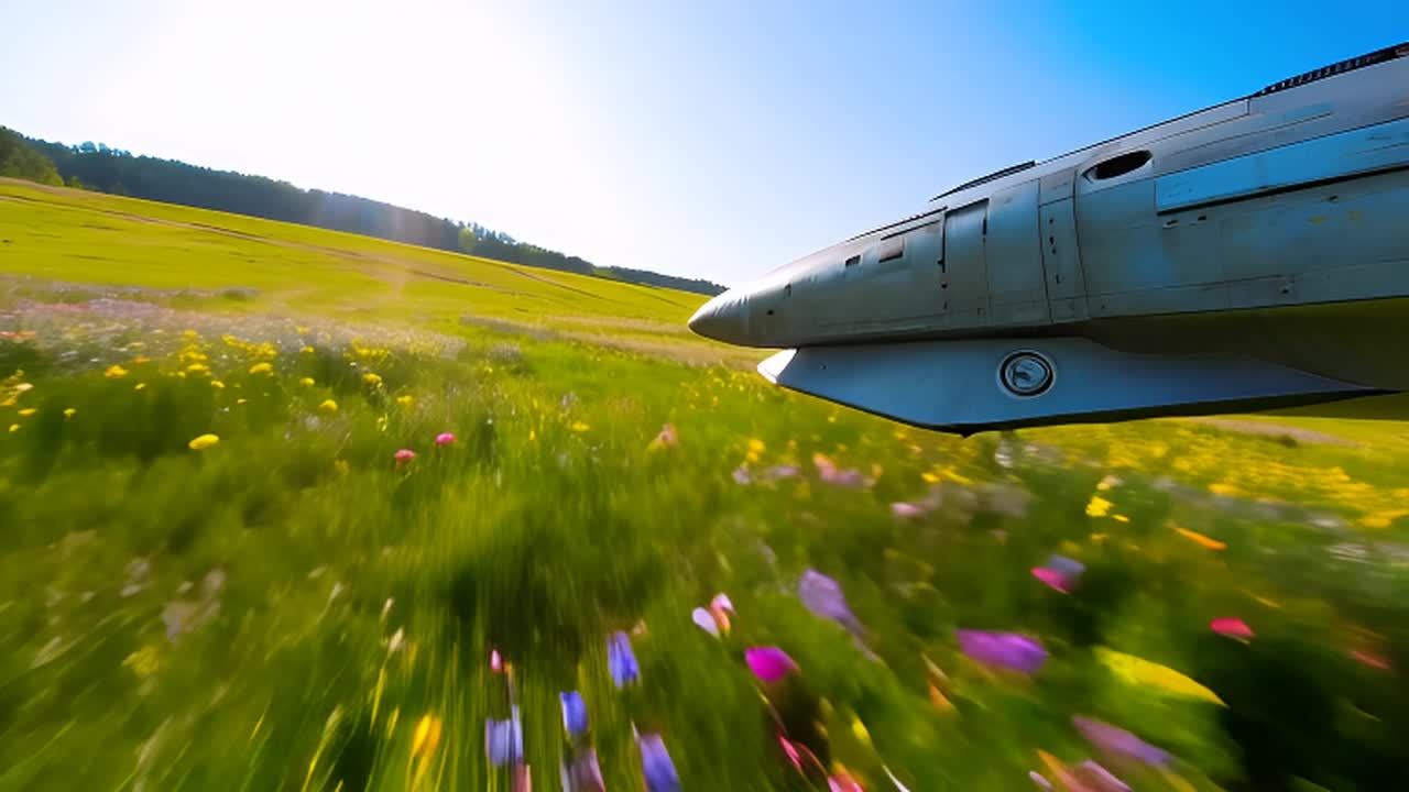 一艘锈迹斑斑的宇宙飞船掠过一片充满活力的春季草地。