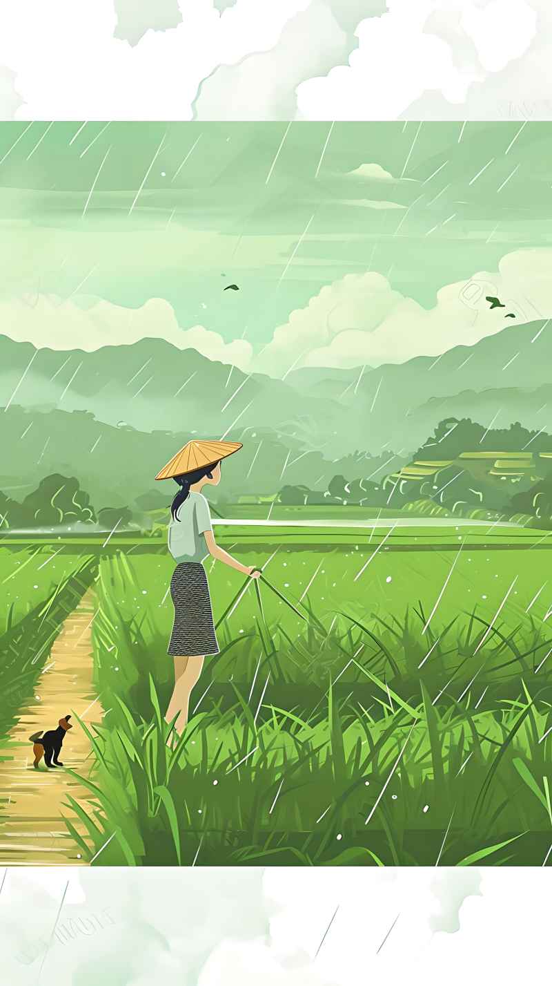 女人站在稻田与狗绿色插画 16