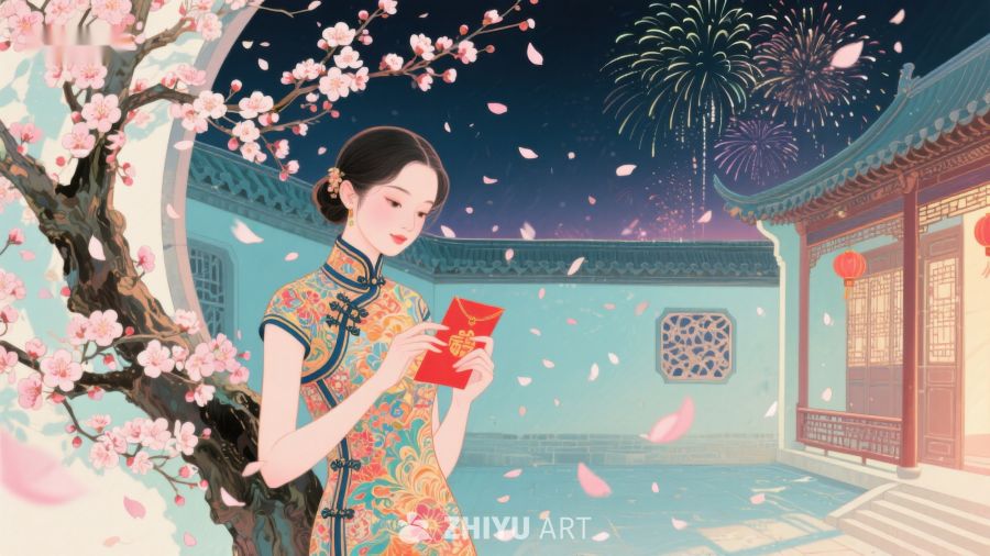 女子手持红包，庭院烟花绽放 96
