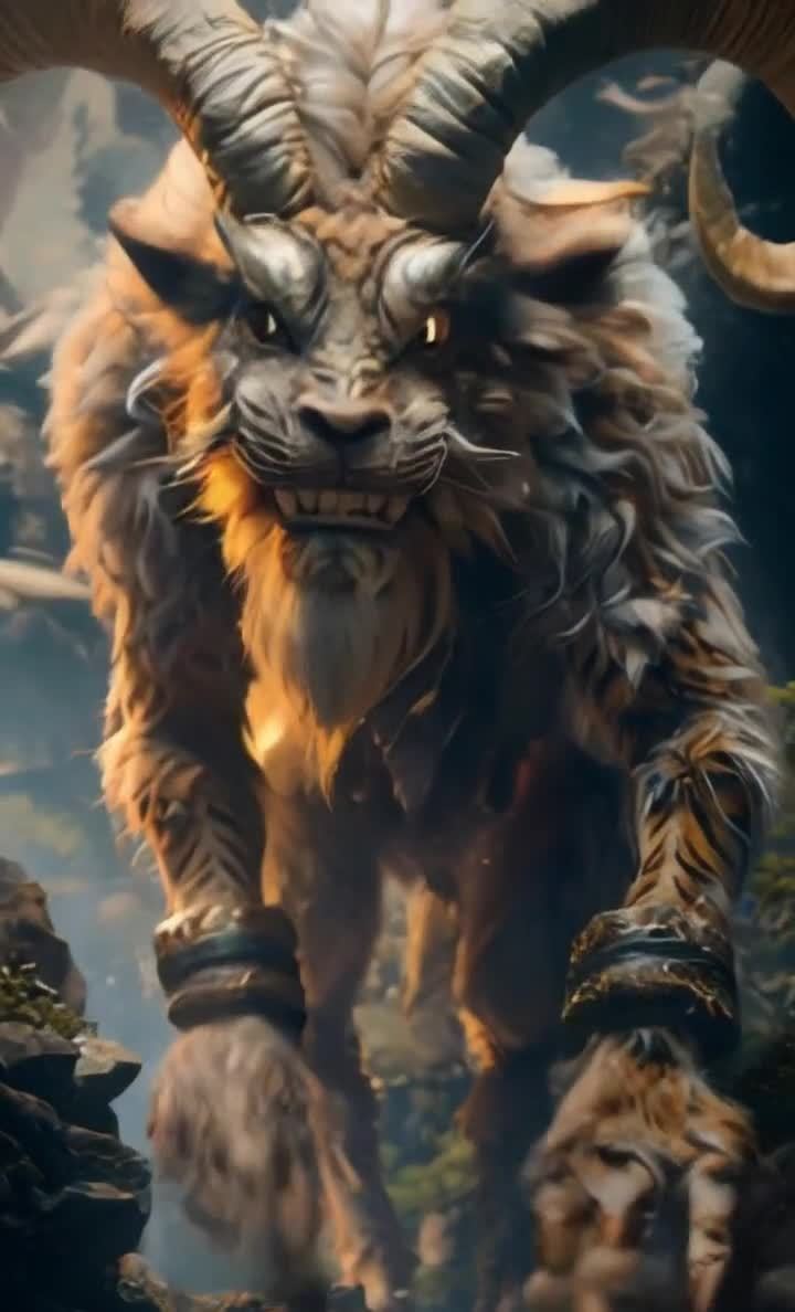 长角虎纹巨兽，金瞳毛发，奇幻森林风格。