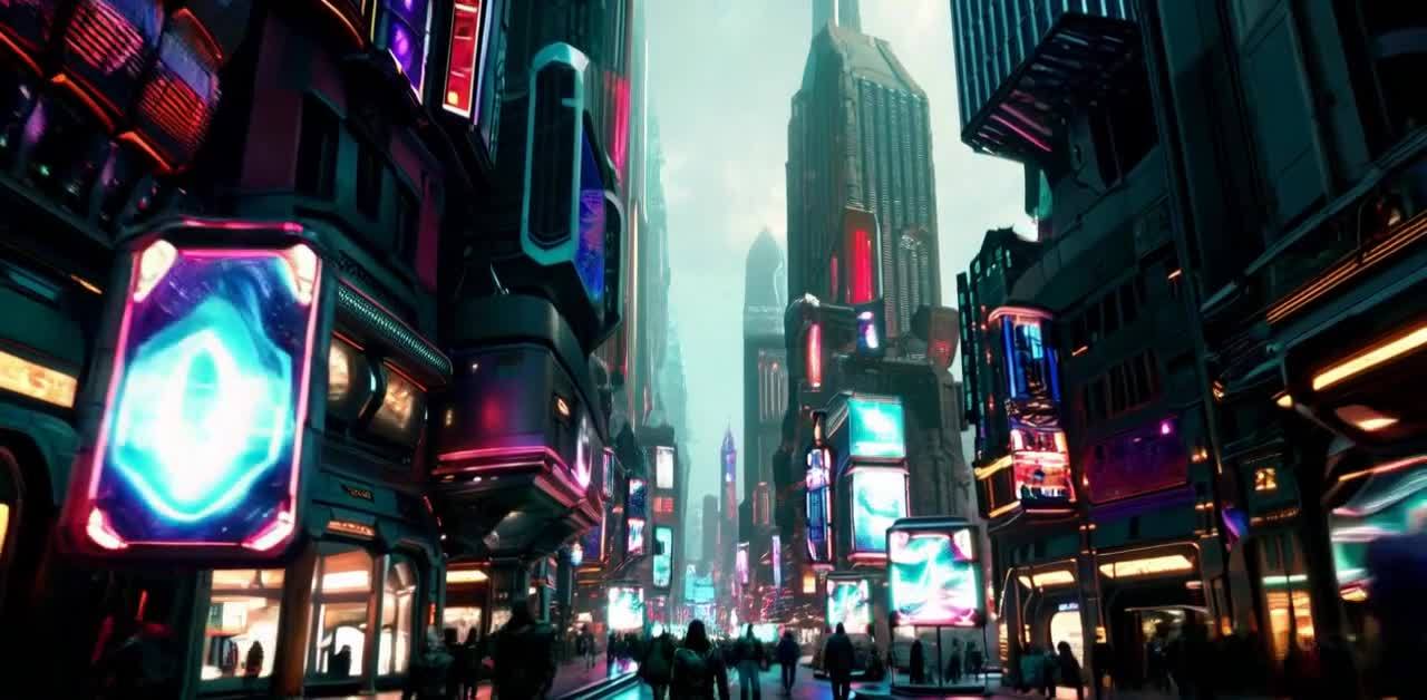 赛博朋克未来都市街景，霓虹灯光下的行人。