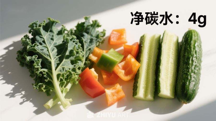 新鲜蔬菜切片，搭配净碳水标注