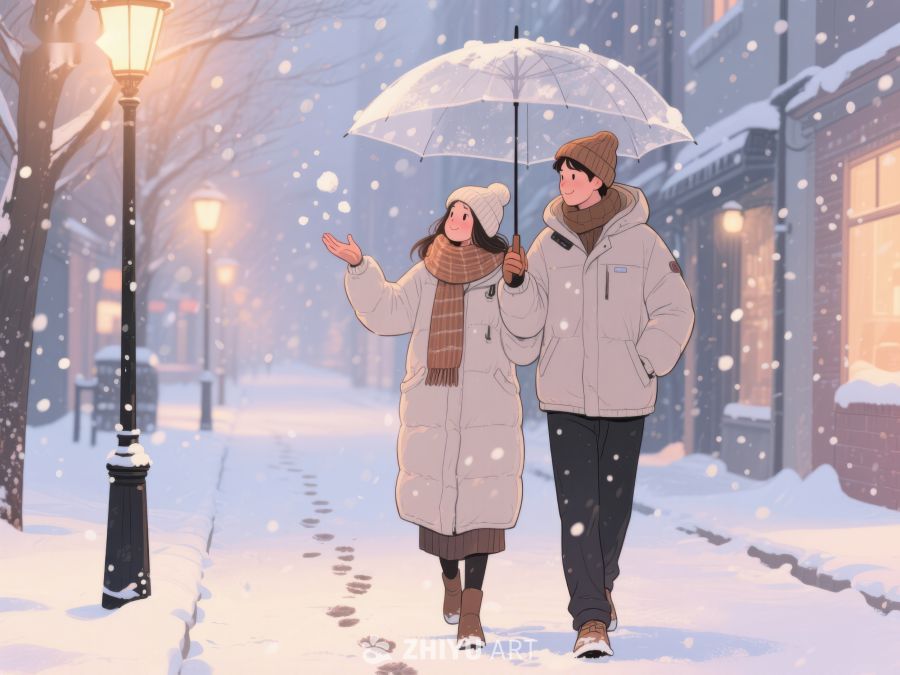 雪夜伞下漫步的两人 897