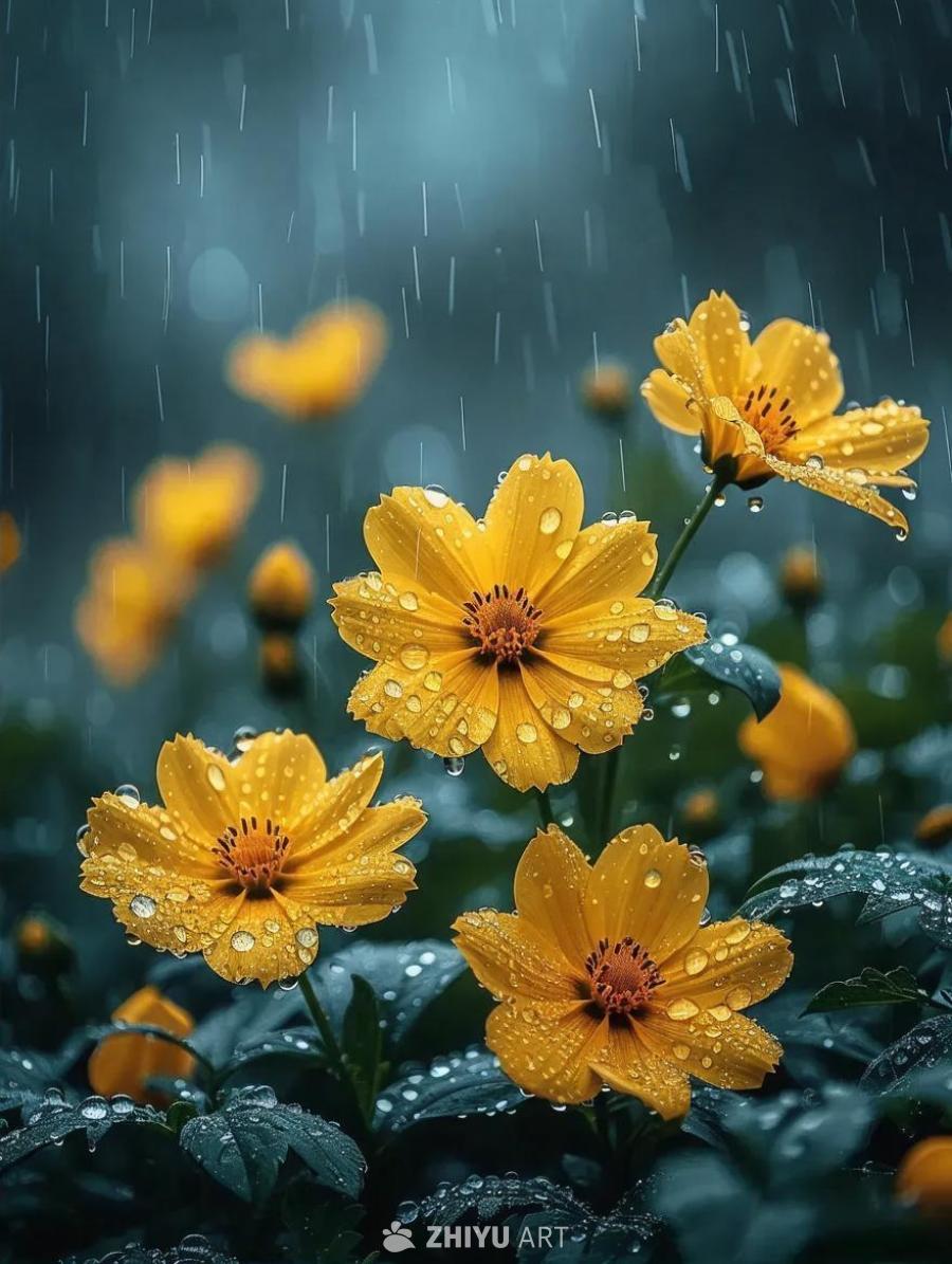 一个被雨水浸润的花园，盛开着鲜艳的黄色花朵，花瓣上