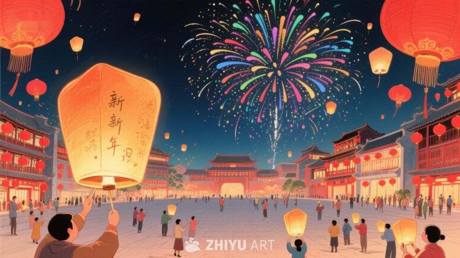 新年夜放飞孔明灯与烟花 1063