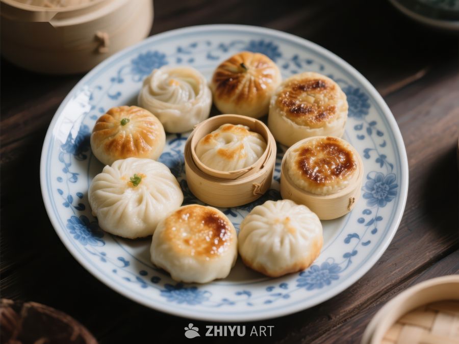 精美中式点心盘，包子与烧卖 511