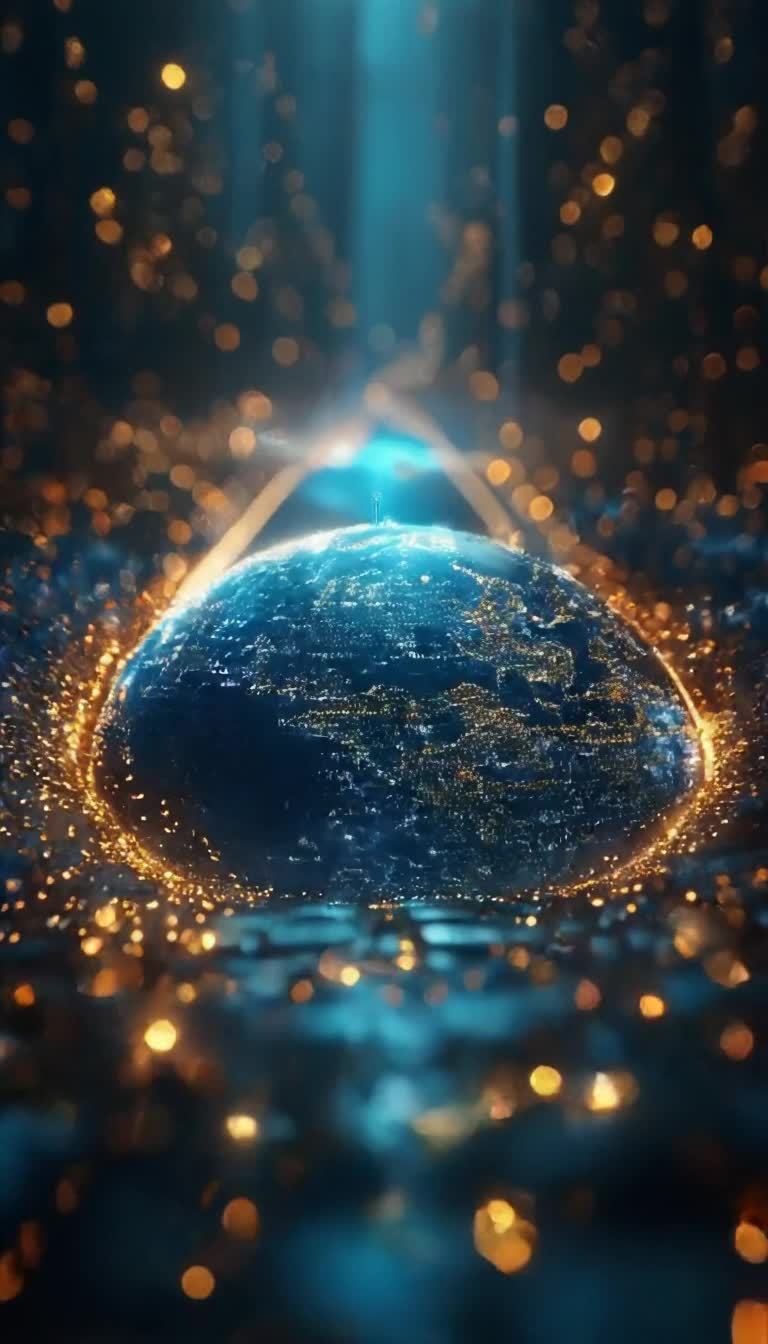 一个蓝色星球悬浮在深蓝色空间中，星球表面点缀着密集