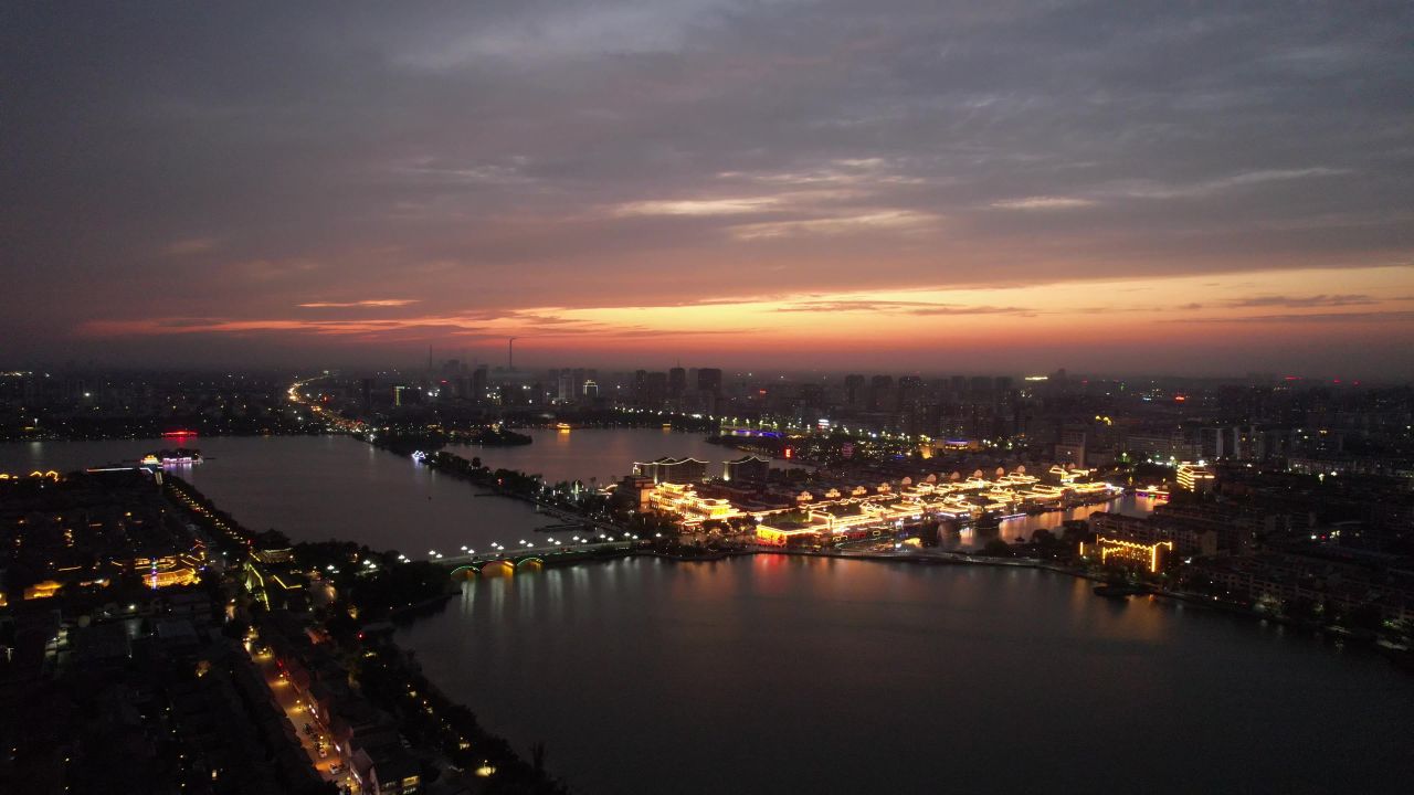 中华水上古城夕阳晚霞火烧云夜景降临山东聊城  