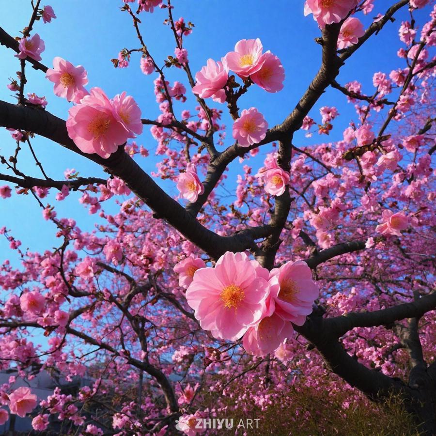 一棵美丽的树上开满了粉红色的花朵，营造出迷人的景象