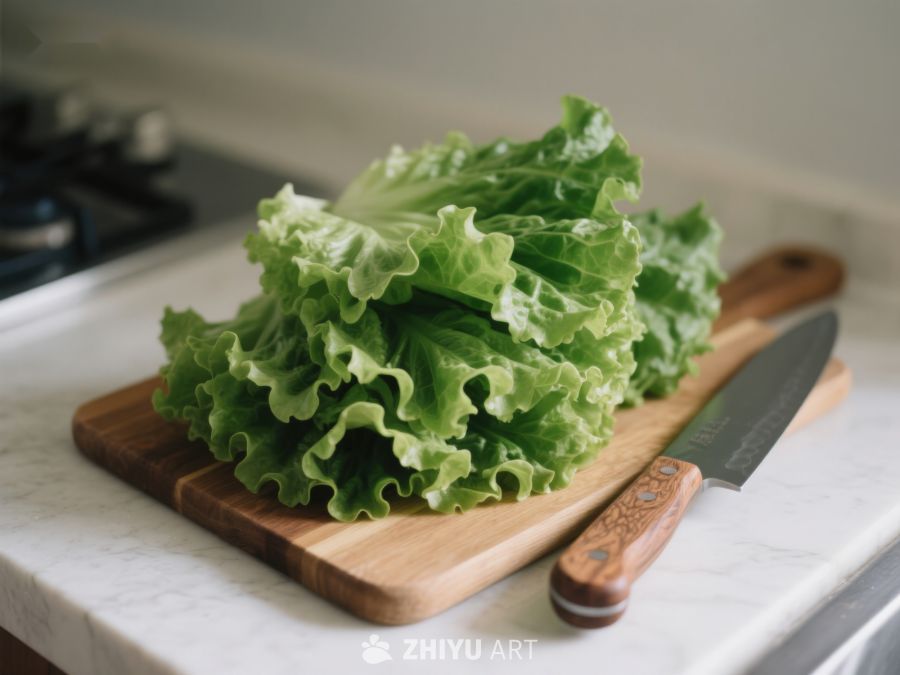 生菜置于砧板上，旁配刀具 153