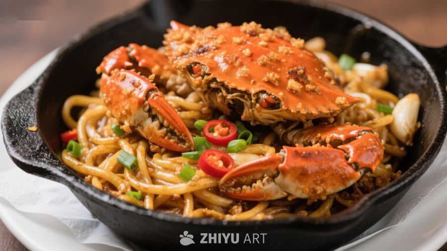 铁锅蟹肉炒面美食特写