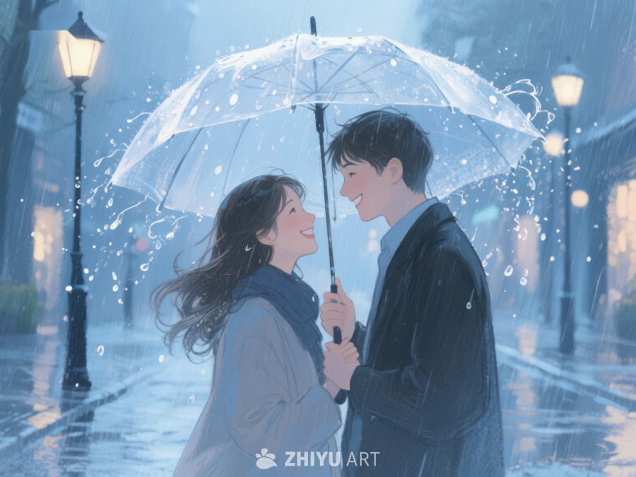 雨中伞下情侣温馨对视 1186