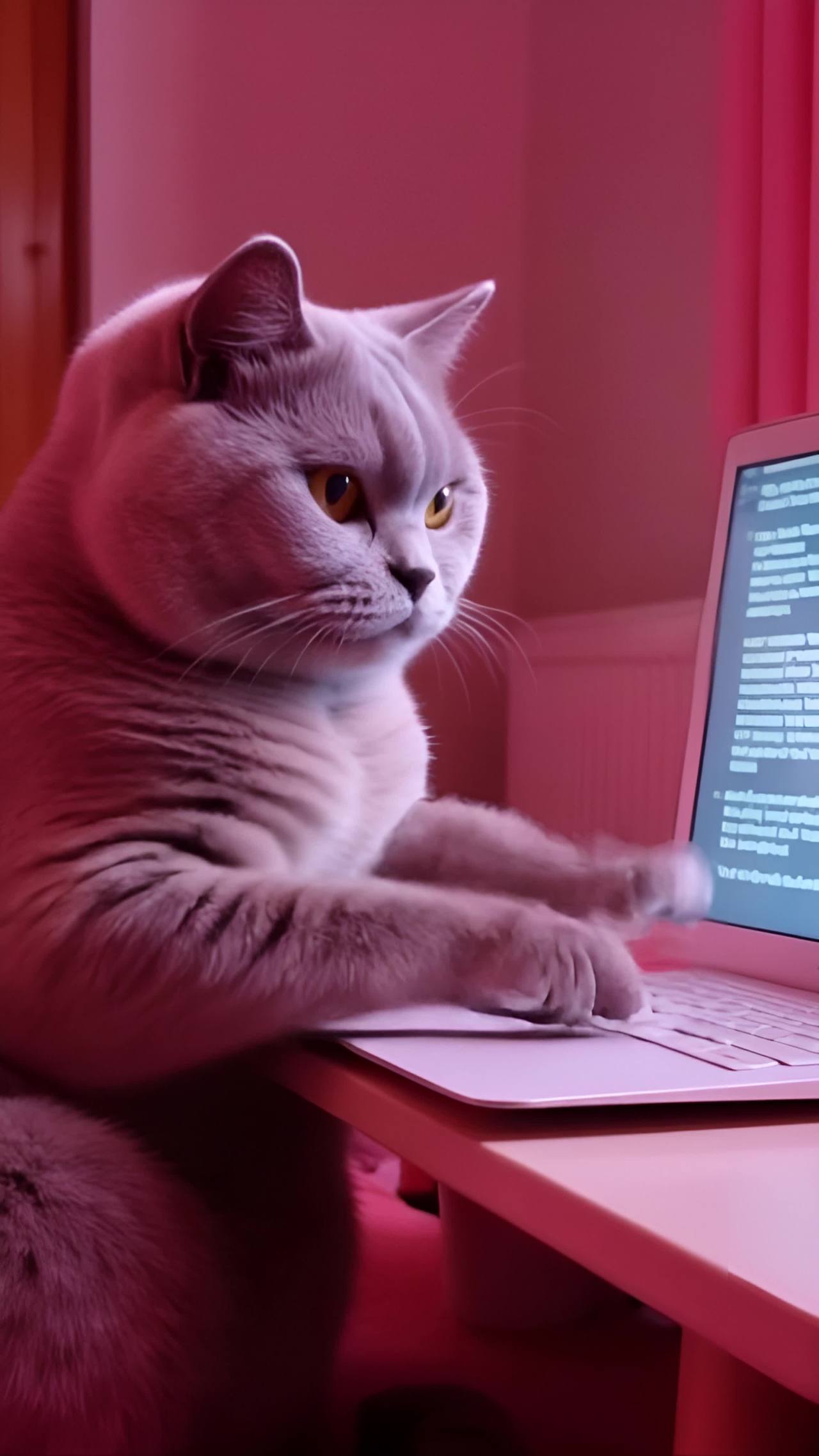 一只灰色的猫坐在粉色的桌子旁，它的前爪放在一个粉色