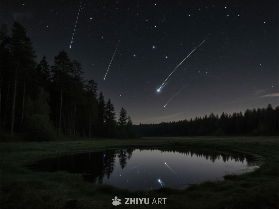 夜空流星划过，湖面倒影静谧森林 251