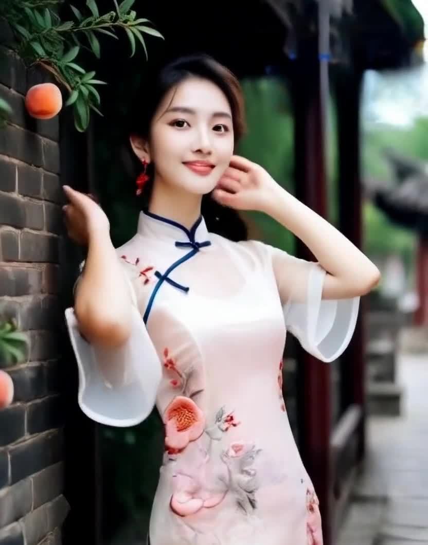 一位年轻女性站在砖墙旁，墙上挂着桃子。她穿着一件绣