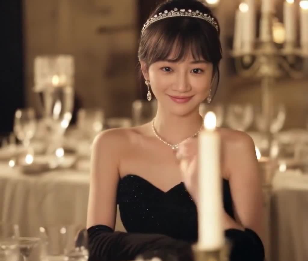 一位女性端坐在烛光晚餐的餐桌前。她穿着无肩带的黑色