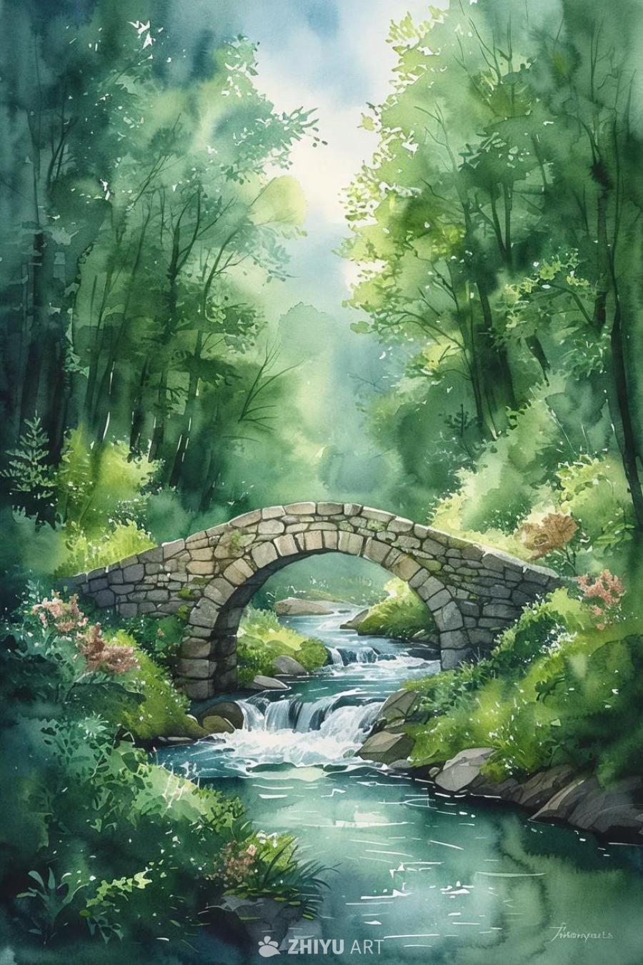 一片翠绿的森林，一条蜿蜒的河流，一座古老的石桥，这