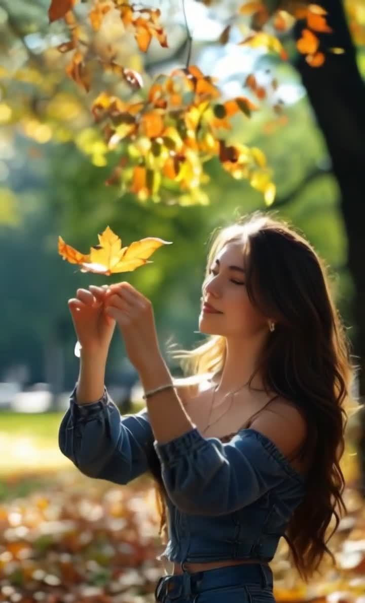 秋日丽人：蓝色牛仔与落叶的邂逅