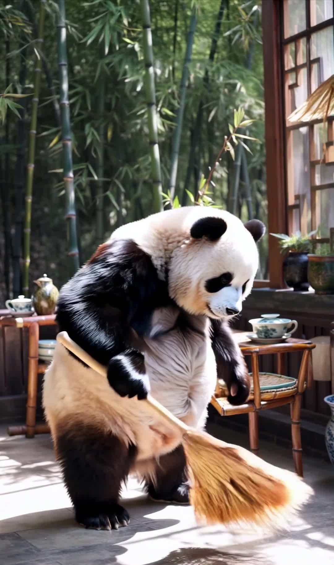 熊猫在竹林中庭院用扫帚打扫地面
