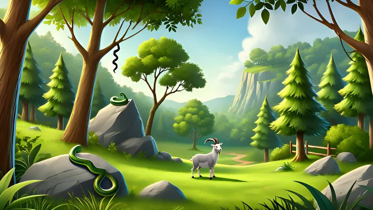 一片茂密的绿色森林，有高大的树木和晴朗的天空，中心