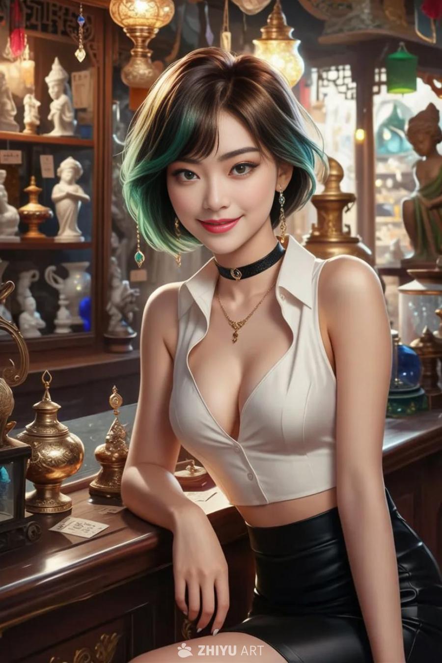 一个二十多岁的中国女子，有着绿色的眼睛、棕色的皮肤