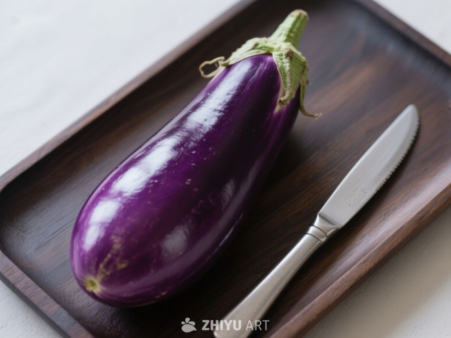 紫色茄子与刀具置于木质托盘 627