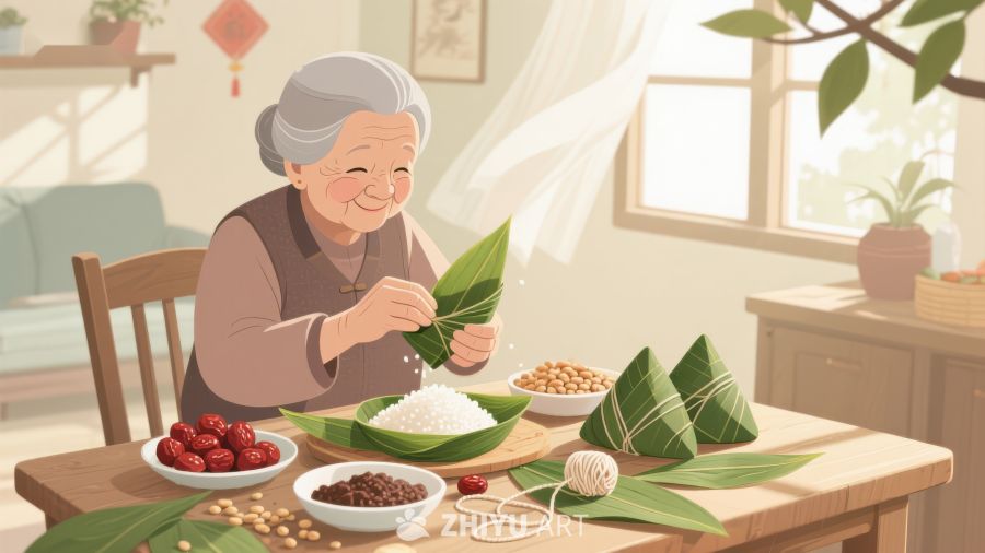 老人包粽子，温馨家庭场景 223