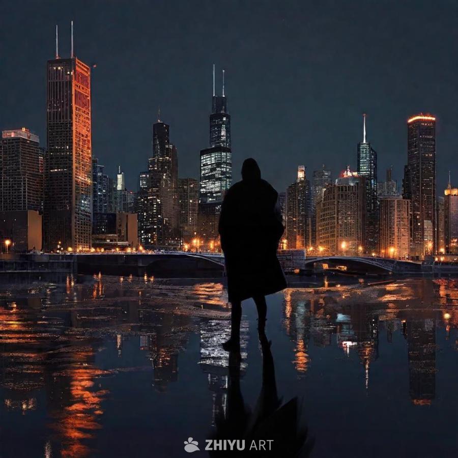前景中有一个黑色的身影，背景是灯光昏暗的芝加哥城市