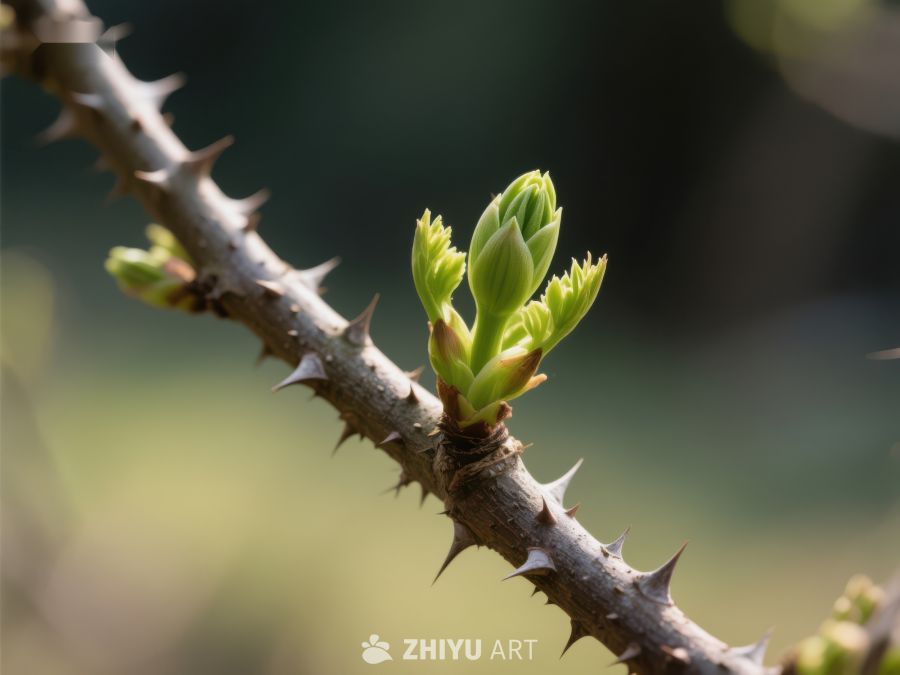 新芽在带刺枝条上生长 664