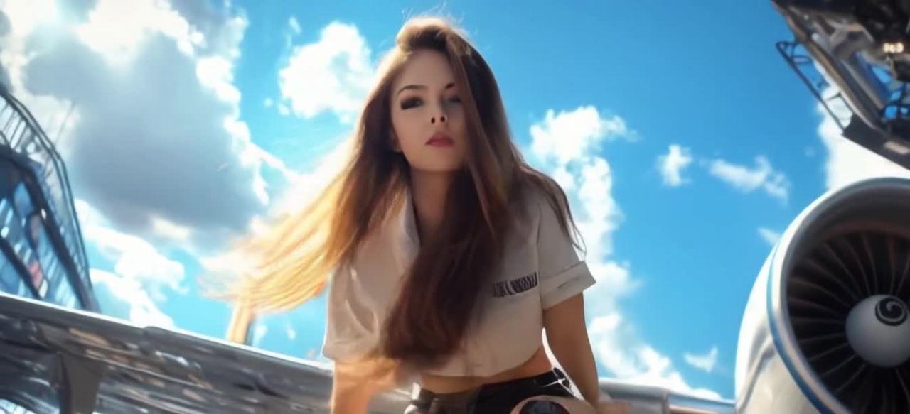 蓝天下，短裙女子与飞机引擎，仰视角写真