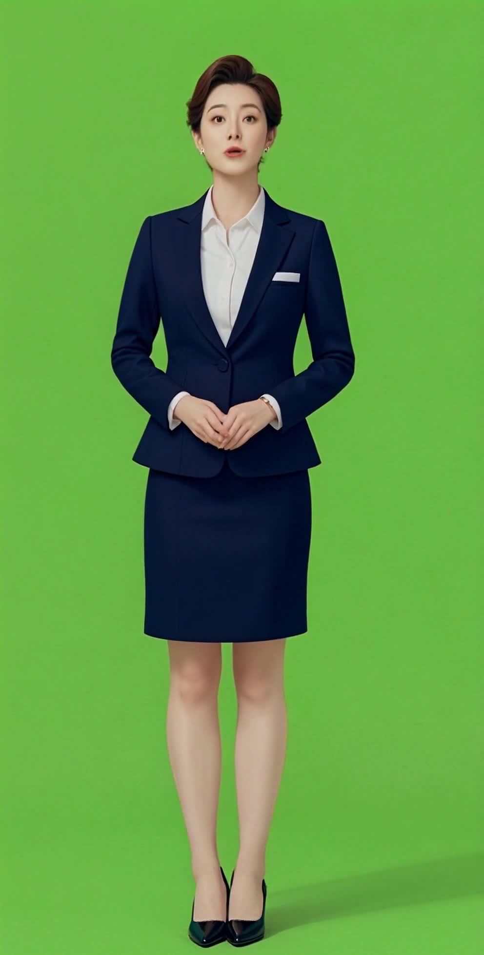 着深蓝色西装女性，绿色背景，双手交叉站立。