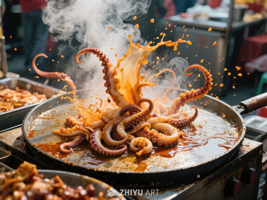 街头美食：热炒鱿鱼的瞬间