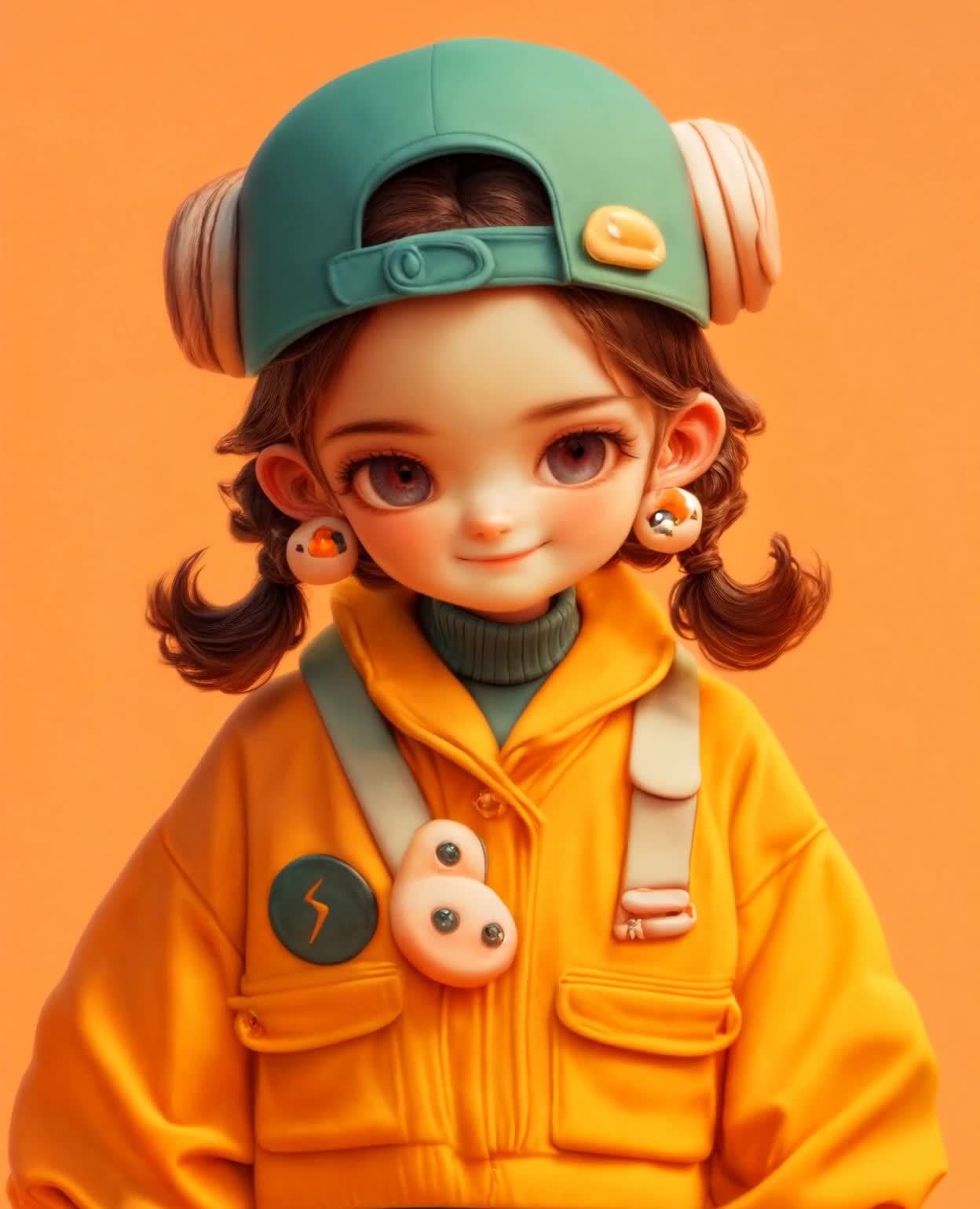 卡通女孩戴帽子微笑，黄色外套在橙色背景中。