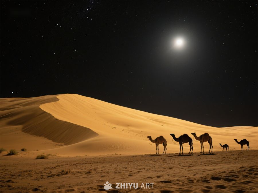 月夜沙漠驼队剪影 591