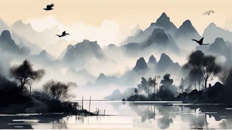 国风山水鹤插画背景 48