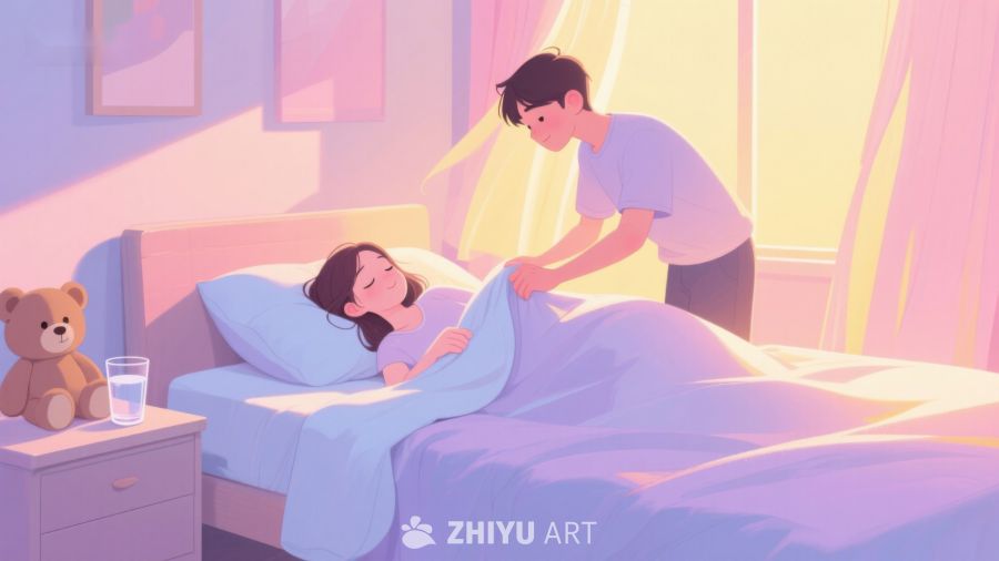 温馨晨光中，男孩为女孩盖被 351