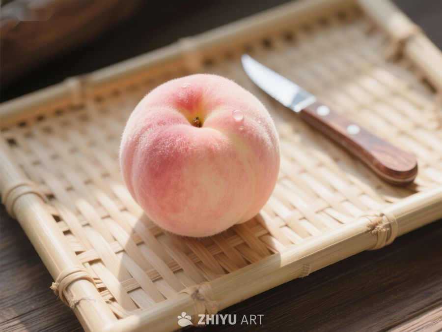 桃子与刀置于竹编托盘 409