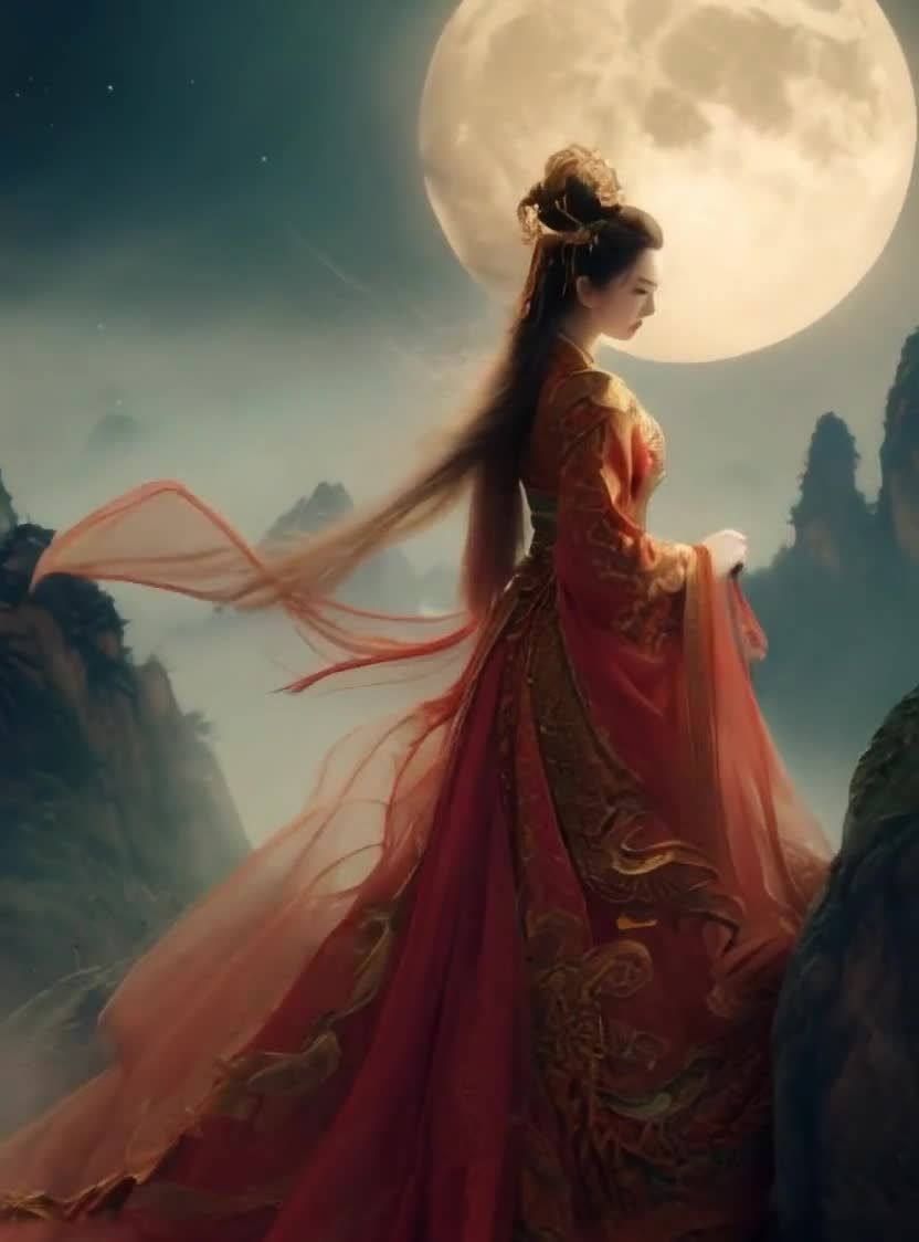 月夜红衣女子伫立山间，身姿宛若仙境，似龙化身。