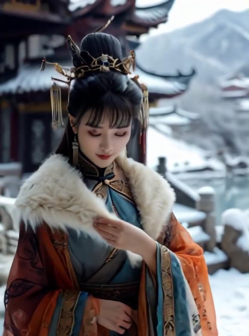 雪景美人着华服，古典庭院映衬清丽容颜。