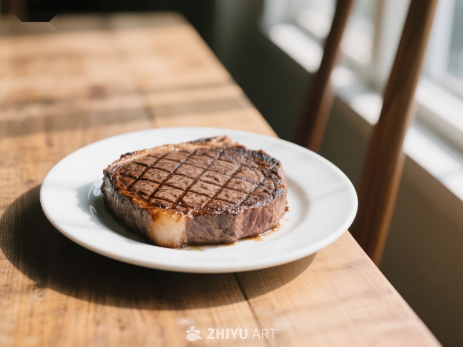 煎制完美的牛排置于白色盘中 244