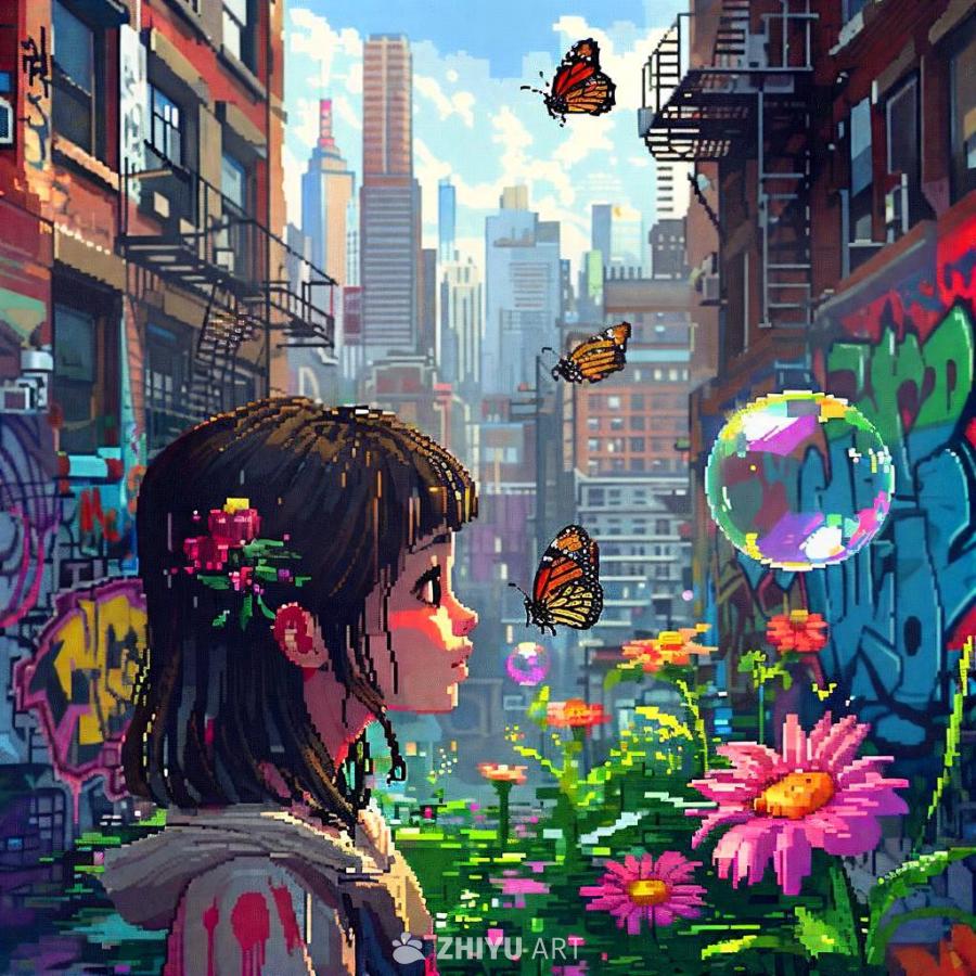 一个像素风格的女孩站在涂鸦建筑前的花丛中，头戴鲜花